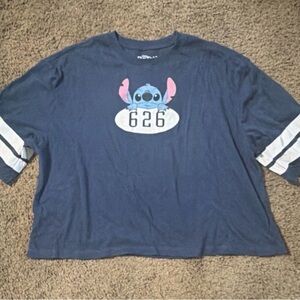 Disney Navy Blue Lilo & Stitch Graphic Tee with White Sleeve Stripes